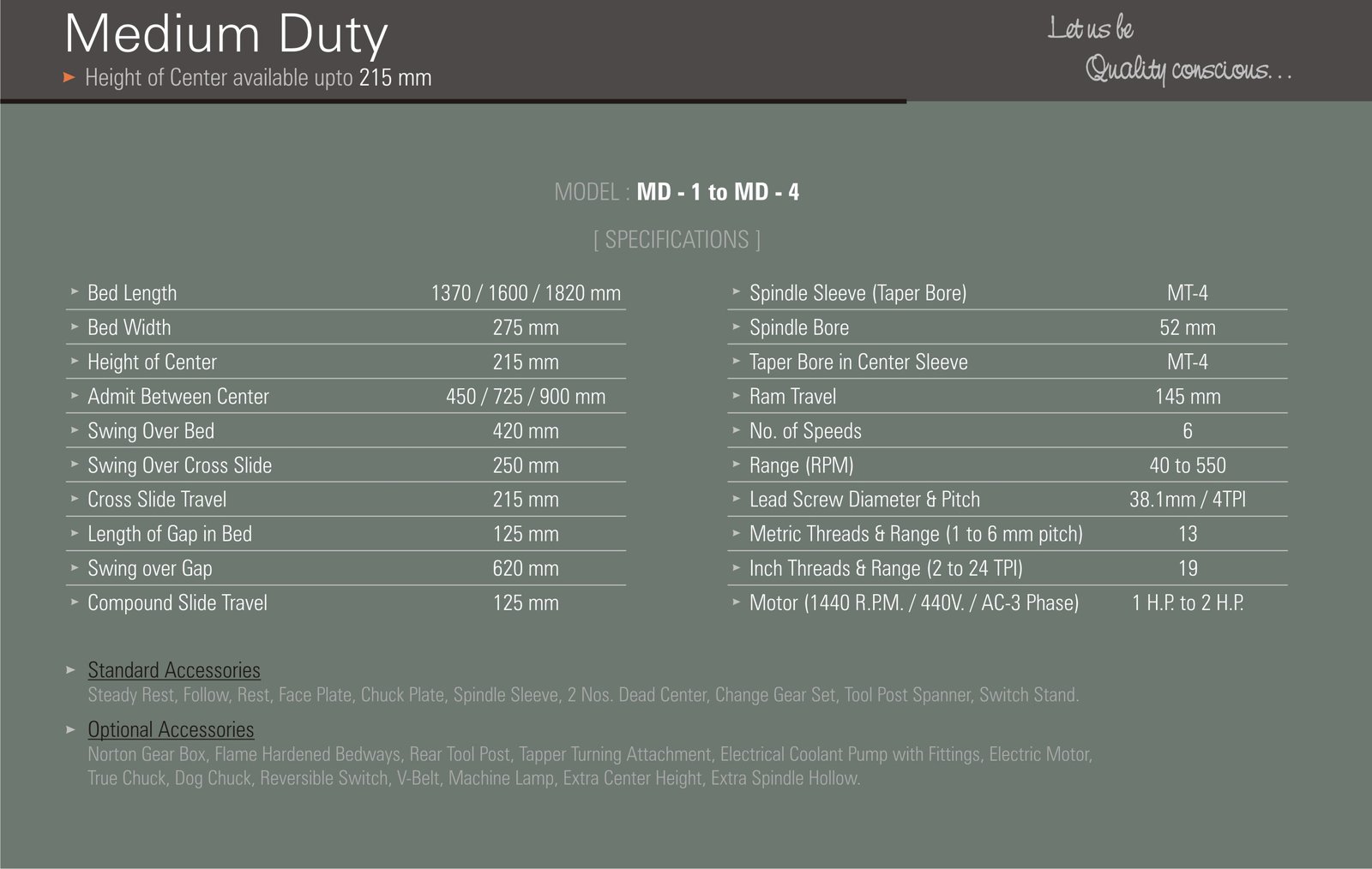 Medium Duty Lathe Machine Specification