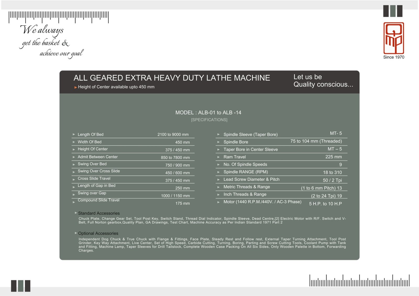 ALB 01 to ALB 14 Lathe Machine Specifications
